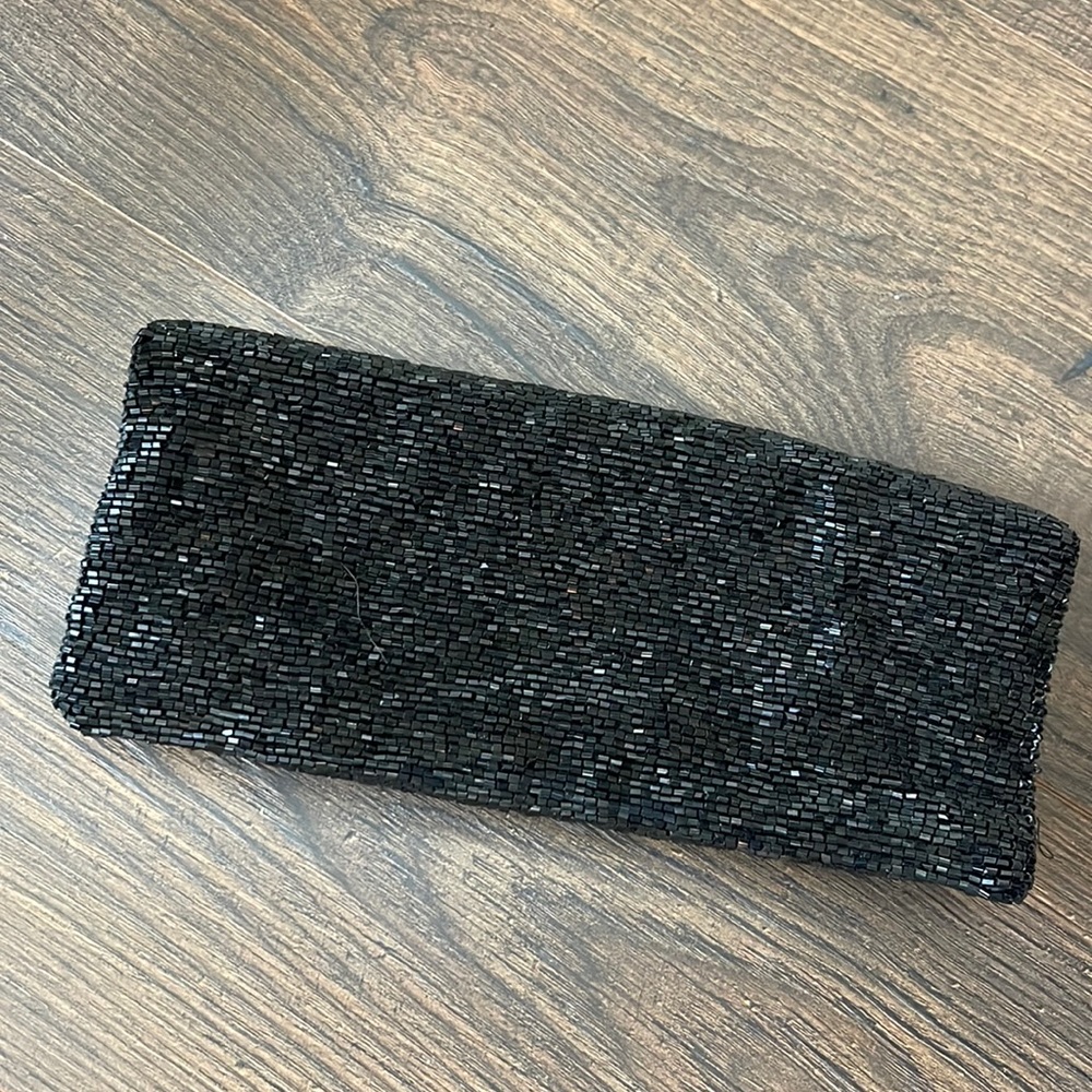 Moyna Black beaded fold over evening clutch